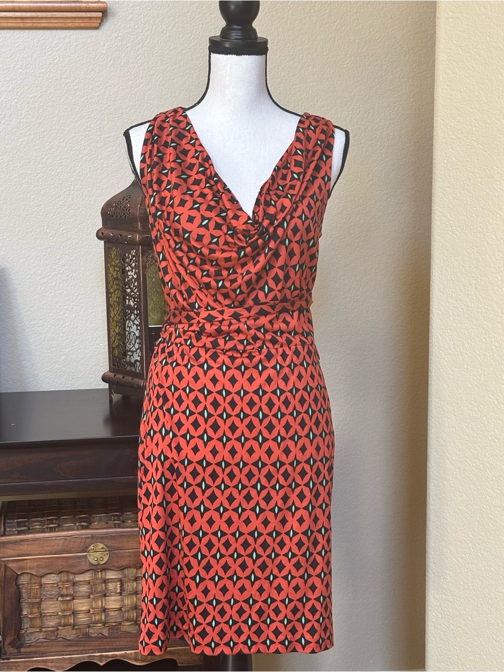 Diane Von Furstenberg Coral and Black Geometric Cowl Neck Midi Dress